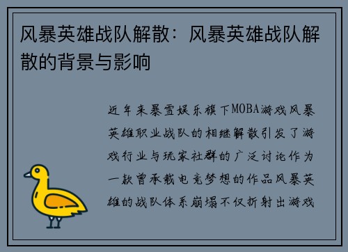 风暴英雄战队解散：风暴英雄战队解散的背景与影响