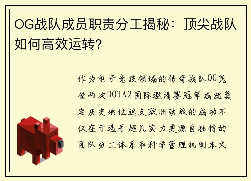 OG战队成员职责分工揭秘：顶尖战队如何高效运转？