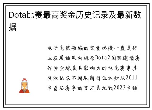 Dota比赛最高奖金历史记录及最新数据